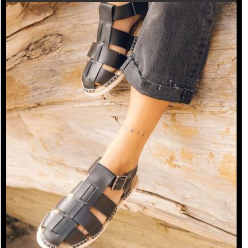 SeaVees Solana Sandal Womens 6 Black Leather Fisherman Espadrille 142400